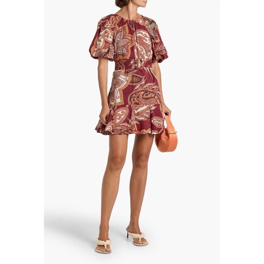 FARM RIO BeltedβPaisley Cotton Puff Sleeve Mini Dress